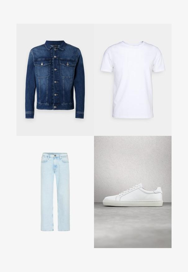 Chaqueta vaquera azul de hombre con cierre de botones en la parte delantera, dos bolsillos con solapa y botones en el pecho, y mangas largas.; Camiseta blanca de manga corta en tejido de algodón con cuello redondo. Diseño simple sin patrones ni acentos. Textura suave.; Los jeans de denim azul claro cuentan con un diseño de pierna recta, con un cierre de botón clásico, cinco bolsillos y un ligero desgastado para aportar textura.; Zapatilla blanca con parte superior de cuero liso y perfil bajo. Presenta una puntera redondeada, seis ojales y una suela de goma texturizada.