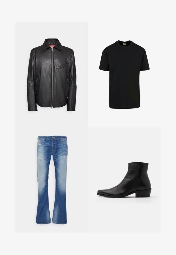 Chaqueta de cuero negra con cuello con solapa, cierre frontal de cremallera y un bolsillo en el pecho con cremallera. Textura suave y ajuste entallado.; Urban Classics SHORTSLEEVE - Camiseta básica - black; Vaqueros bootcut desgastados en azul con ligero desgarro en los muslos delanteros y diseño clásico de cinco bolsillos sobre fondo blanco.; Botín negro de cuero hasta el tobillo con puntera afilada, detalles de costura mínimos, tacón de bloque de altura media y un acabado suave y pulido.