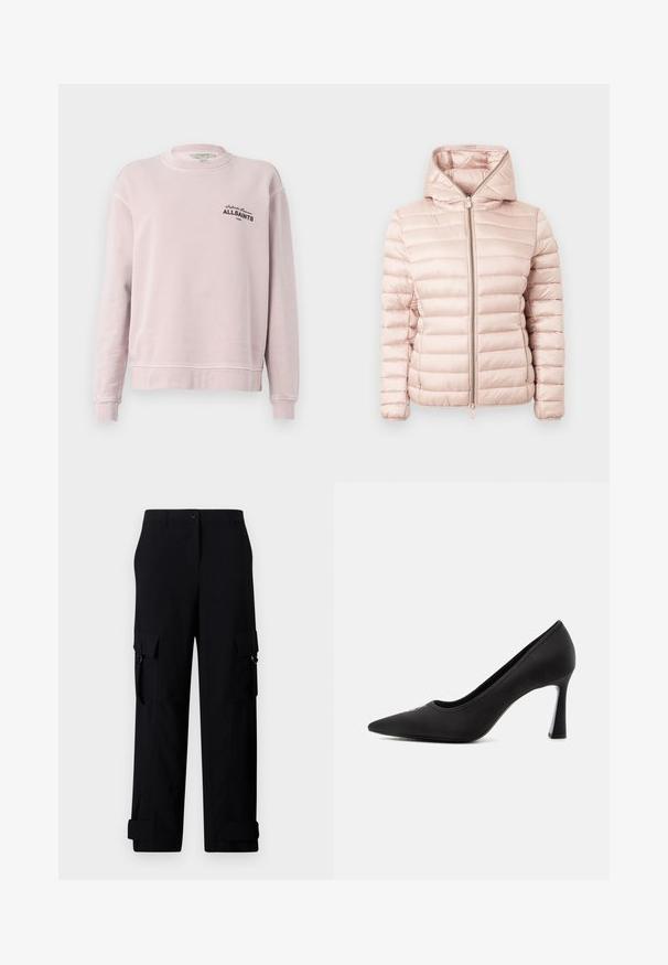 Gepolsterte Jacke in zartem Rosa mit Kapuze, Reißverschluss und geripptem Stoff mit horizontalen Steppnähten.; Hellrosa Sweatshirt mit langen Ärmeln, Rundhalsausschnitt, gerippten Bündchen und schwarzem Schriftzug "Infinite Summer ALLSAINTS London" auf der linken Brust.; Schwarze Cargo-Hosen mit weitem Bein, ausgestattet mit zwei Seitentaschen und umgeschlagenen Bündchen. Hergestellt aus robustem Stoff mit glatter Textur.; Schwarzer High Heel mit spitzer Kappe, glatter Oberfläche und schlankem, geschwungenem Absatz vor einem schlichten hellen Hintergrund.