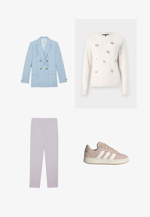 Blazer bleu clair à double boutonnage avec revers crantés, quatre boutons dorés sur le devant, poches à rabat et boutons sur les poignets.; Sweater beige clair avec un col rond, orné de neuf sequins métalliques en forme de cœur couleur rose doré. Poignets et ourlet côtelés, texture douce.; Pantalons violet clair en tissu lisse, dotés d'une coupe ajustée, de passants de ceinture et d'une coupe droite.; Baskets en daim rose clair avec un design à trois rayures blanches et une semelle en caoutchouc. Bout rond, lacets texturés, logo en relief sur le talon.