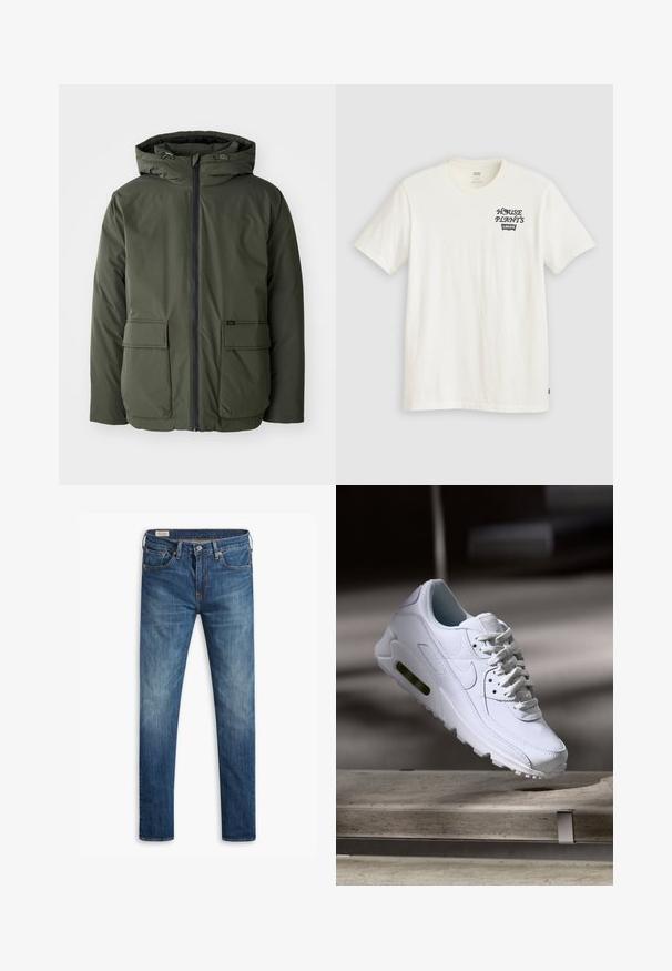 Oliven grøn isoleret jakke med hætte, frontlynlås og to store påsyede lommer. Fremstillet af glat, vandafvisende materiale.; Hvid bomulds t-shirt med korte ærmer, der har sort tekst "HOUSE PLANTS" og "Levi's" logoet på venstre brystområde. Klassisk crew neck design.; Herre slim-fit blå denim jeans med klassisk fem-lomme design, knaplukning og subtil falming på lårene og knæene.; Hvide lædersneakers med teksturerede overflader, polstret krave og synlig luftpolstring i sålen. Har snørrebånd og et minimalistisk design.