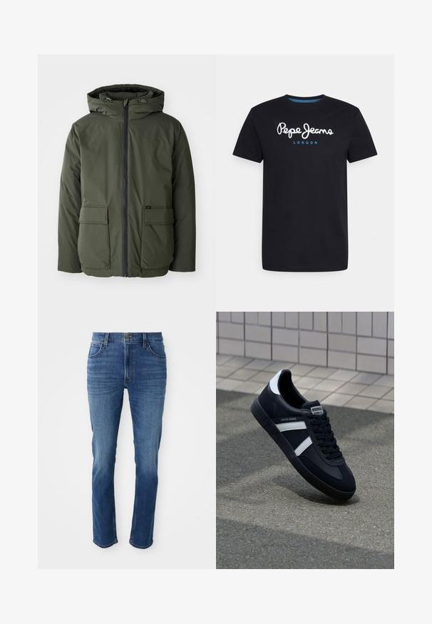 Oliven grøn isoleret jakke med hætte, frontlynlås og to store påsyede lommer. Fremstillet af glat, vandafvisende materiale.; Sort bomulds T-shirt med et hvidt skriftskriftlogo "Pepe Jeans" med en blå accent, rund hals og korte ærmer. Enkel, ensfarvet design.; Blå denim jeans med lige snit, fem lommer og lynlås. Har subtle farvefading og kontraststing langs sømmene.; Sort lædersneaker med hvide striber, tekstureret gummisål og snørrebånd foran. Har et brandet mærke på tungen.