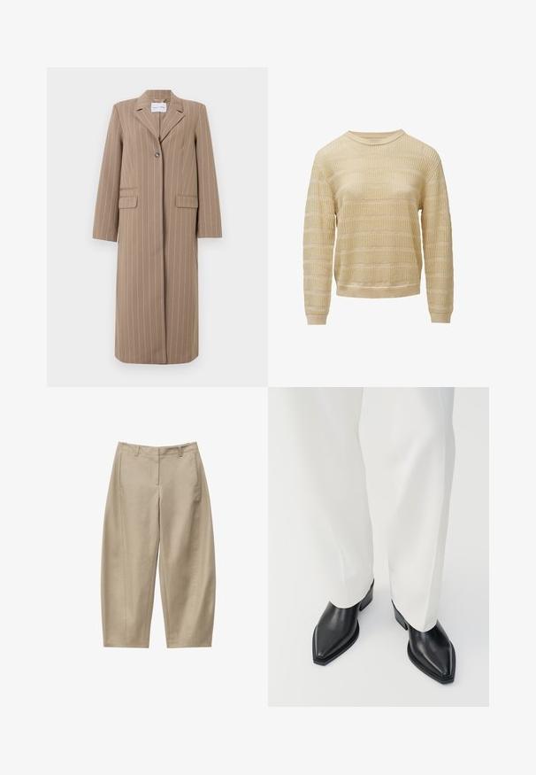 Brun stribet lang blazer med slået krave, enkelt knaplukning og to forlommer. Glat stof og skræddersyet pasform.; Beige strikket sweater med et tekstureret stribet design, rund halsudskæring og lange ærmer med ribbede manchetter og kant.; Beige cropped bukser med lige ben, bæltestropper, sidelommer og lynlås foran, lagt fladt på hvid baggrund.; Sorte spidse ankelstøvler med en glat læderoverflade, lave blokhæle, og parret med hvide brede bukser. Enkel og moderne design.