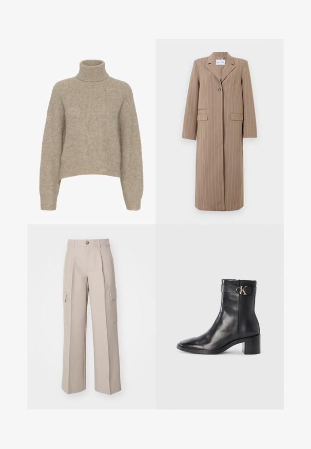Blazer long rayé brun avec un revers cranté, fermeture à un bouton, et deux poches avant. Tissu lisse et coupe ajustée.; Pull en tricot beige avec un col roulé, texture côtelée, épaules tombantes et une coupe courte. Matière douce et légère.; Pantalons larges beiges en tissu, avec des plis avant et deux poches cargo sur les côtés. Comprend une fermeture à bouton à l'avant.; Botte de cheville en cuir noir avec un bout pointu, un talon carré et une sangle avec un détail de logo métallique. Texture lisse et design minimaliste.