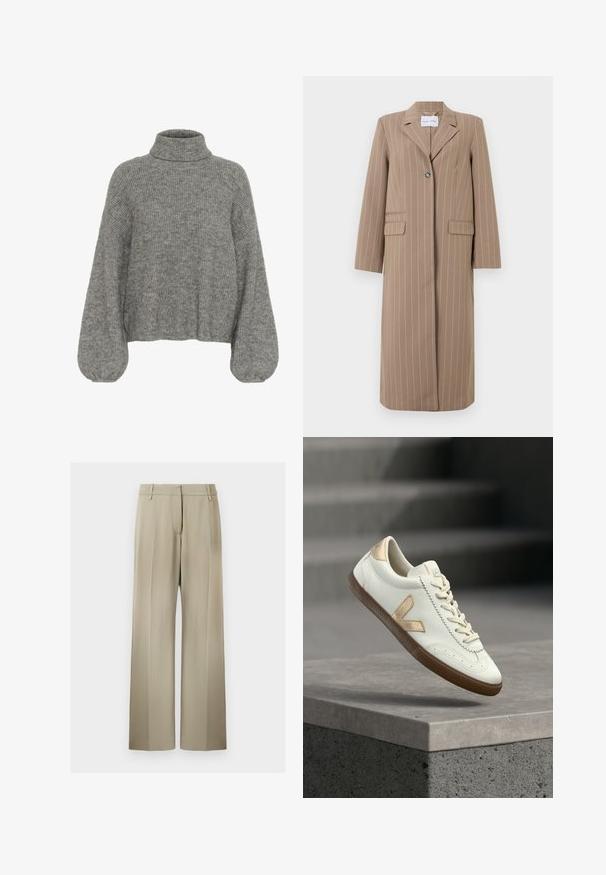 Bruine gestreepte lange blazer met een kraag met inkeping, enkele knoopsluiting en twee voorzakken. Glad materiaal en een tailormade pasvorm.; Grijze, geribbelde gebreide trui met een hoge hals, verlaagde schouders en volumineuze mouwen. Zachte textuur en cropped lengte.; Wijde broek met een zachte beige stof, voorzien van een flatte voorkant, riemlussen en een gladde textuur. Standaard tailleband zonder zichtbare patronen.; Witte leren sneaker met gouden accenten, gestructureerde rubberen zool en klassieke vetersluiting. De zijkant heeft een opvallend 'V'-logo in een beige tint.