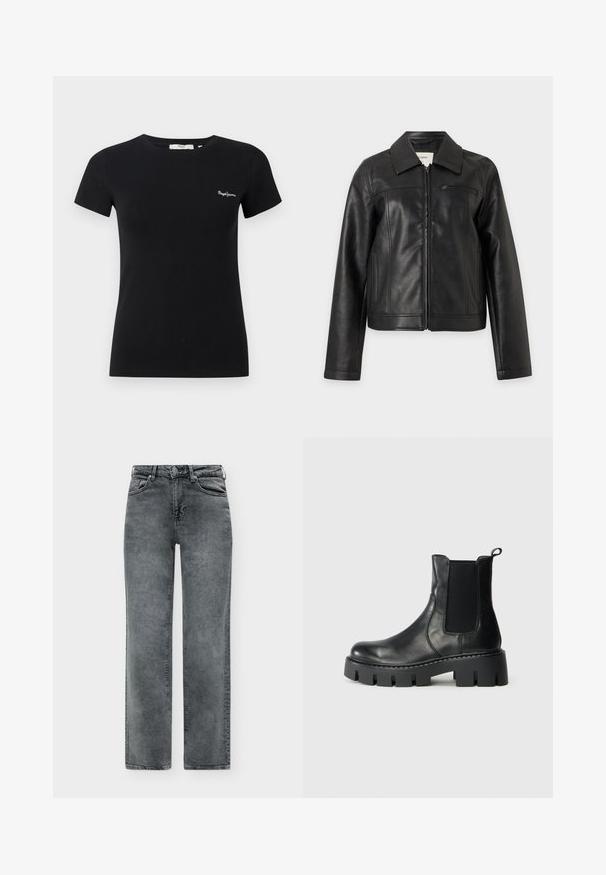 Veste noire en cuir synthétique avec fermeture éclair à l'avant, col pointu et poche poitrine zippée sur fond gris clair.; T-shirt noir ajusté à manches courtes avec col rond et petit logo blanc « Pepe Jeans » sur la poitrine gauche.; Jean en denim gris à jambes droites avec poches avant, passants de ceinture et fermeture par bouton et zip.; Bottine en cuir noir avec panneaux élastiques sur les côtés, semelle épaisse crantée et languette, sur fond gris clair, vue de côté.