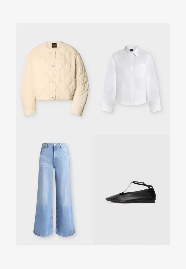 Veste matelassée couleur crème avec boutons-pression, col rond, manches longues, motif de couture en losange, étiquetée Boss à l'intérieur du col.; Chemise blanche à manches longues boutonnée, avec col pointu et poche poitrine, présentée sur un fond clair uni.; Jean denim bleu clair à coupe large, taille haute, bouton à l'avant, fermeture éclair et design cinq poches.; Ballerines noires en cuir avec un bout pointu, un design découpé, une bride à la cheville et un accent en chaîne dorée. Texture lisse, talon minimal.