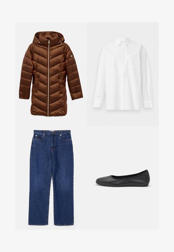 Veste matelassée marron avec capuche, dotée d'un design en chevrons, fermeture éclair, poches latérales et détail de logo sur la manche.; Chemise blanche à manches longues en coton, avec un col classique, un fermeture à boutons et une poche poitrine simple du côté gauche.; Jean en denim bleu foncé avec une taille haute, une coupe droite, cinq poches et des détails en métal argenté. Présente un léger délavage et des coutures brodées.; Ballerines en cuir noir avec un bout rond, texture lisse, détails de couture minimalistes et design de semelle flexible.