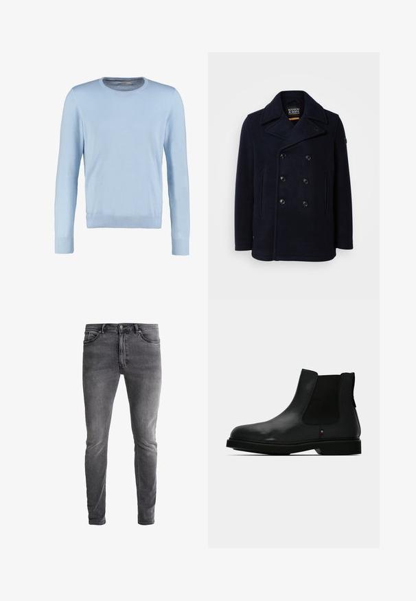 Marineblauwe wollen peacoat met een dubbelzijdig ontwerp, grote geknipte kraag en twee voorzakken. Voorzien van zwarte knopen en een schouderpatch.; Lichtblauw langemouwen trui met een ronde hals. Heeft een gladde structuur en geribbelde manchetten en onderrand. Klassiek, aansluitend ontwerp.; Slim-fit grijze spijkerbroek van denim met een lichte rek. Beschikt over vijf zakken, een ritsopening en een contrasterende metalen knop. Versleten was textuur.; Zwarte leren Chelsea-laars met elastische zijpanelen, ronde neus en gestructureerd bovenwerk. Voorzien van een platte rubberen zool en subtiele merkdetails.