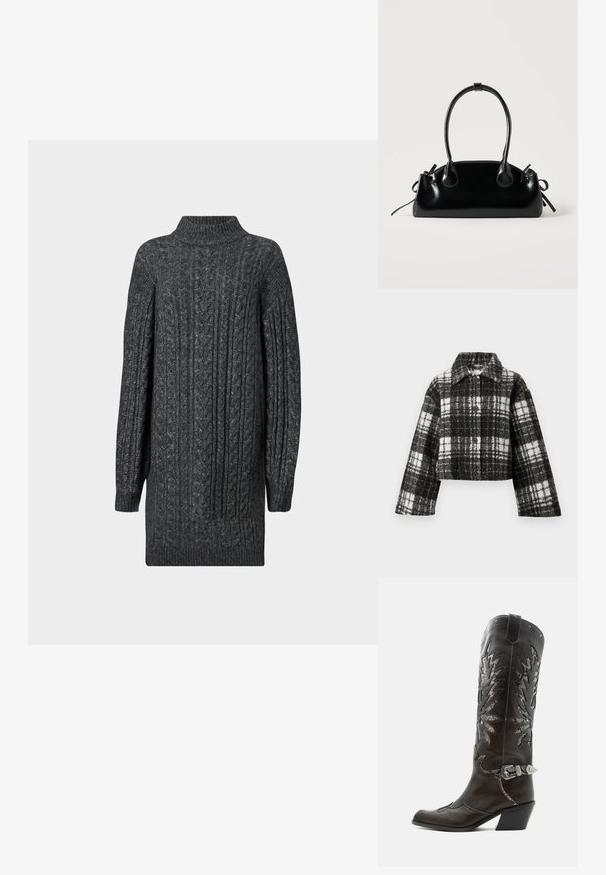 Krátka bunda z čiernej a bielej kárované vlny, s golierom, dlhými rukávmi a prednými gombíkmi. Textúrovaná, s károvaným vzorom.; Tmavošedé svetrové šaty s pleteným vzorom a gumovým stojacím golierom, manžetami a spodným lemom na bielom pozadí.; Čierna kožená kovbojská čižma s dekoratívnymi výrezmi, striebornou prackou a šikmým podpätkom, zobrazovaná na bielom pozadí.; Malá čierna lesklá kabelka s dvoma dlhými rúčkami a bočnými šnúrkovými detailmi na jednoduchom svetlom pozadí.