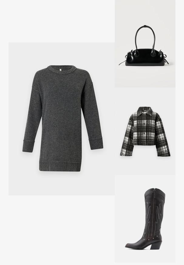 Veste courte en laine à carreaux noirs et blancs, dotée d'un col, de manches longues et de boutons à l'avant. Texture avec un motif à carreaux.; Pull en laine à manches longues gris foncé, avec des poignets et un ourlet côtelés, un col rond et une coupe décontractée.; Bottes de cowboy en cuir marron avec surpiqûres en forme de flammes, fermeture éclair latérale, clous argentés, bout pointu et talon superposé.; Petit sac à main noir brillant avec deux longues anses et des détails à cordon sur les côtés sur un fond clair uni.