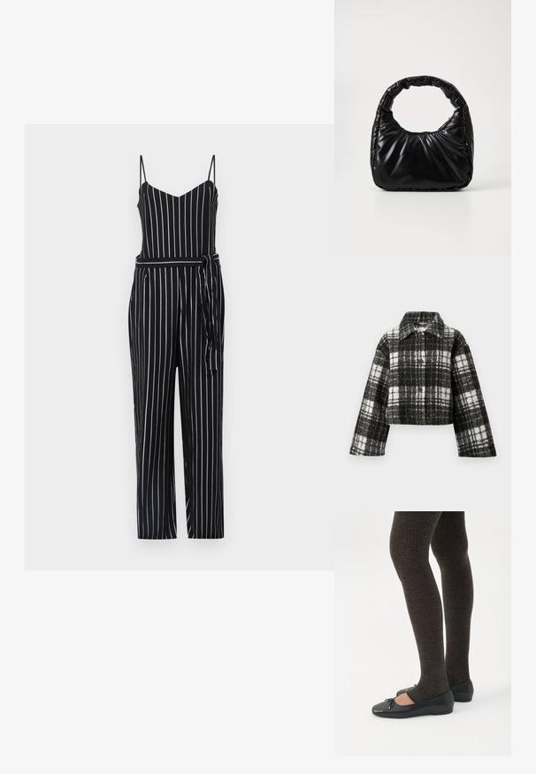 Kort jakke lavet af sort og hvid ternet uld, med krave, lange ærmer og knapper foran. Tekstureret med et ternet mønster.; Sorte og hvide stribede jumpsuit med v-udskæring, fine stropper og båndelastik i taljen. Materialet ser letvægtsagtigt ud med en glat tekstur.; Ben iført mørke ribbede leggings kombineret med sorte balletsko med små sløjfedetaljer på hvid baggrund.; Sort polstret håndtaske med et rundt håndtag, der har en glat, skinnende overflade og en blød, kviltet tekstur. Ingen synlige hardware eller accenter.