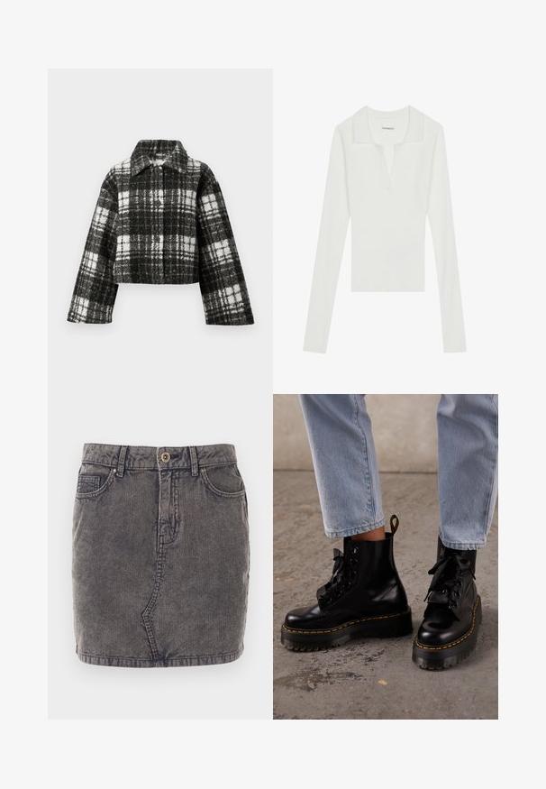 Kort jakke lavet af sort og hvid ternet uld, med krave, lange ærmer og knapper foran. Tekstureret med et ternet mønster.; Hvid ribbet langærmet polo-shirt med V-hals og kontrasterende krave, der har et tætsiddende design og blød tekstur.; Grå denimnederdel med lodret ribbet tekstur, der har en frontknaplukning, to sidelommer og en lige kant.; Person iført lyseblå jeans og sorte læder platformssnørestøvler med gul syning på en beton gulv.