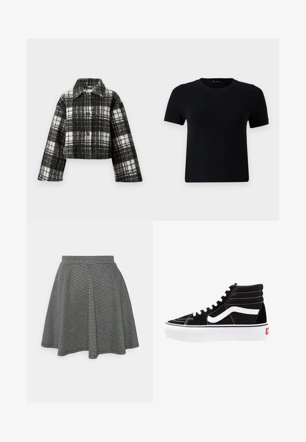 Gekürzte Jacke aus schwarz-weiß kariertem Wollstoff, mit Kragen, langen Ärmeln und Knöpfen vorne. Strukturiert, mit einem Karierten Muster.; Schwarzes T-Shirt mit kurzen Ärmeln und rundem Halsausschnitt, gefertigt aus weichem Stoff. Besitzt eine klassische Passform und ein sauberes, simples Design.; Schwarz-weißer karierteter Skaterrock mit einem taillierten Bund und ausgestellt geschnittenem Saum, aus einem strukturierten Stoff, der ein klassisches Muster zeigt.; Schwarze High-Top-Sneaker mit weißen Schnürsenkeln, einem weißen Logo und kontrastierendem weißen Nähten. Verfügt über eine dicke weiße Sohle und ein strukturiertes Wildleder-Obermaterial.