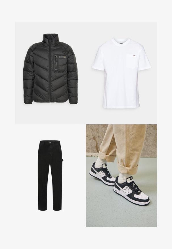 Veste en duvet matelassée noire avec col montant, fermeture éclair à l'avant, poche poitrine zippée et patch logo sur la poche poitrine.; T-shirt en coton blanc avec un col rond, des manches courtes et une poche poitrine arborant un petit logo de la marque sur le côté gauche.; Pantalons en denim noir avec un design à cinq poches, coupe droite, fermeture à bouton et poche utilitaire latérale avec coutures tonales.; Baskets Nike Air Force 1 en noir et blanc avec un dessus en cuir, orteil perforé et détail de semelle texturée, portées avec un pantalon beige retroussé et des chaussettes blanches.