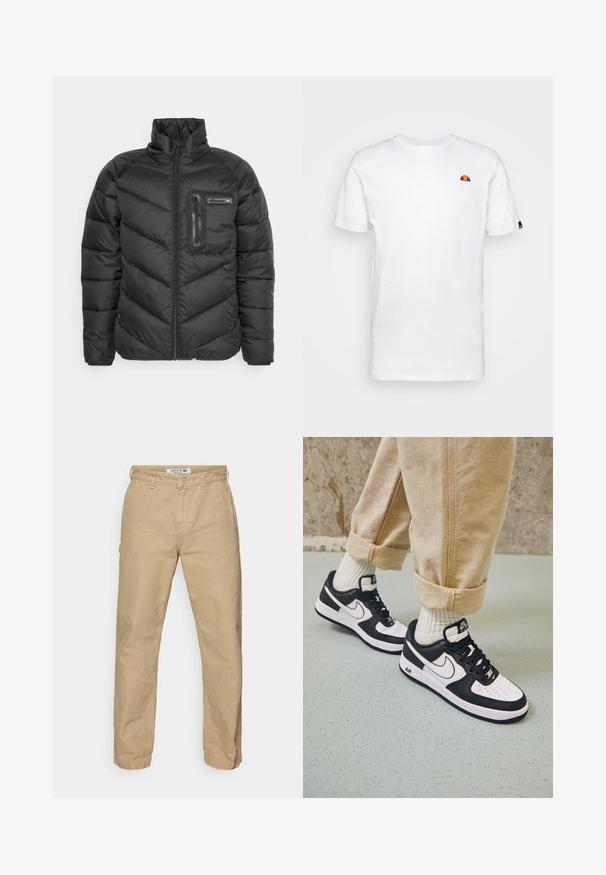 Sort quiltet pufferjakke med høj krave, frontlynlås, lynlåslomme på brystet og logo-patch på brystlommen.; Hvid bomulds T-shirt med korte ærmer, prydet med et lille flerfarvet logo på venstre bryst. Klassisk rund halsudskæring.; Beige, lette bomuldsbukser med lige ben-design, der har en knaplukning og en subtil tekstur. Lacoste-logo på taljen.; Sorte og hvide Nike Air Force 1 sneakers med læderoverdel, perforeret tå og tekstureret såldetalje, båret med rullede beige bukser og hvide sokker.
