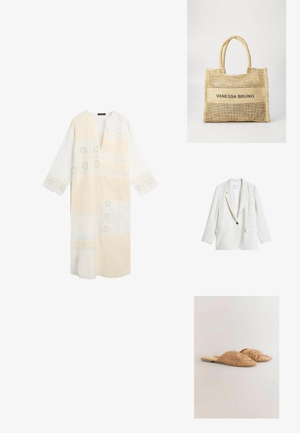 Witte blazer met één knoop, notch-revers en klepzakken, plat uitgestald op een witte achtergrond.; Lange beige en witte jurk met patchworkontwerp en kanten details op de mouwen, borst en zoom, met een V-halsopening.; Een paar lichtbruine geweven leren platte instapschoenen met puntige neuzen tegen een effen lichte achtergrond.; Beige geweven draagtas met twee handvatten en "VANESSA BRUNO" in het zwart gedrukt op een solide geweven paneel in het midden.