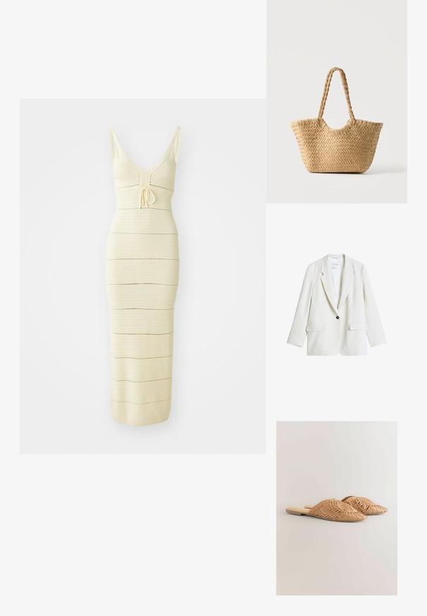 Weißer Ein-Knopf-Blazer mit Revers und Pattentaschen, flach auf weißem Hintergrund präsentiert.; Strick-Midikleid in hellem Creme mit tailliertem Schnitt, V-Ausschnitt, verstellbarem Bindeband in der Taille und horizontalen Streifenmustern.; Geflochtene Ledersandalen in hellbraun, mit einem übergroßen geflochtenen Obermaterial und flachem Absatz. Die spitze Zehenpartie sorgt für einen eleganten Look.; Gewebte Strohtasche mit breitem Boden, geflochtenen Griffen und natürlicher beiger Farbe auf schlichtem weißem Hintergrund.