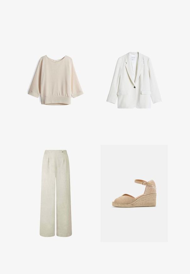 Witte blazer met één knoop, notch-revers en klepzakken, plat uitgestald op een witte achtergrond.; Lichtbeige, geribbeld sweater met een brede halslijn, 3/4 mouwen en een relaxed fit. Heeft een subtiele textuur en een afgeronde zoom.; Lichtbeige wijde broek van linnen, met een hoge taille, plooien en een gladde, licht gestructureerde stof.; Castañer BIANCA - Espadrilles - sand