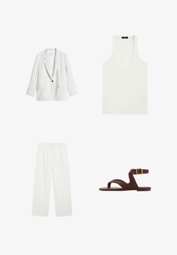 Weißer Ein-Knopf-Blazer mit Revers und Pattentaschen, flach auf weißem Hintergrund präsentiert.; Weißes ärmelloses Tanktop mit Rundhalsausschnitt, minimalistischer Stil und Massimo Dutti Markenlabel innen am Kragen.; Weiße, weit geschnittene Hose mit taillierter Passform, geraden Beinen, Seitentaschen und Gürtelschlaufen, flach auf einem schlichten Hintergrund liegend.; Braune Wildleder-Sandale mit rutschfestem Design, Knöchelriemen mit Schnalle und flacher Sohle. Offene Zehen mit glatter Textur.
