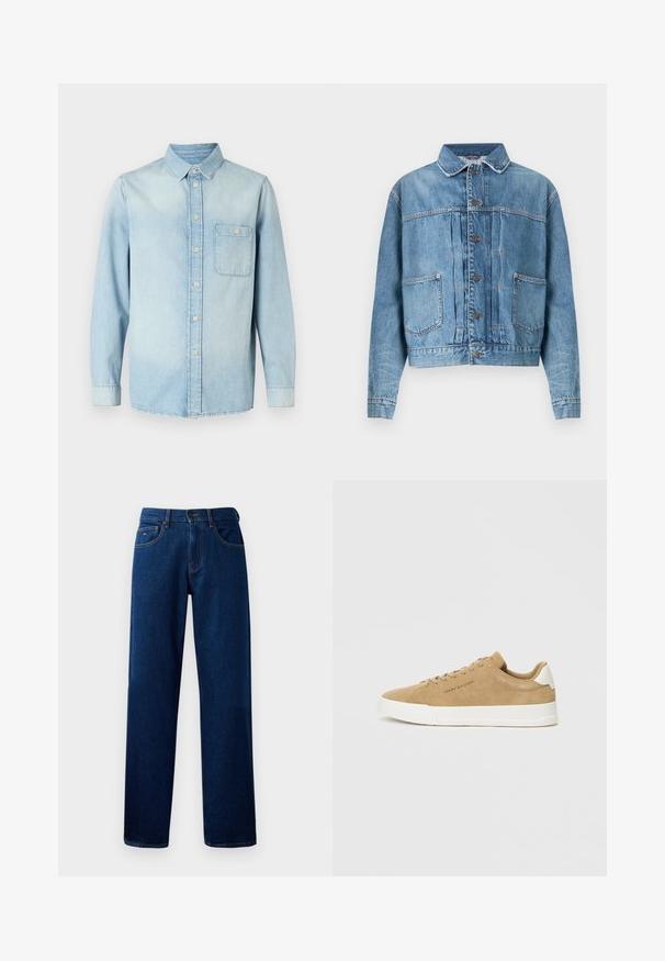 Veste en denim bleu clair avec un col pointu, une fermeture boutonnée sur le devant, deux poches poitrine et des détails cousus. Coupe décontractée et manches longues.; Chemise en denim bleu clair à manches longues, avec un devant à boutons, un col et une poche poitrine unique. Texture lisse et design classique.; Jean en denim bleu foncé, coupe droite, avec fermeture à bouton et fermeture éclair à l'avant, et design à cinq poches, sur fond blanc.; Baskets en suède beige avec une semelle en caoutchouc blanc, bout rond, lacets plats et un logo discret sur le côté. Texture lisse et design minimaliste.