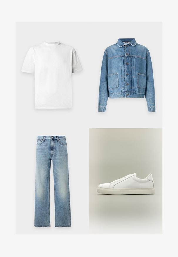 Veste en denim bleu clair avec un col pointu, une fermeture boutonnée sur le devant, deux poches poitrine et des détails cousus. Coupe décontractée et manches longues.; T-shirt blanc à manches courtes avec un col rond, présentant une texture subtile et un petit logo sur l'épaule gauche.; Jean droit en denim bleu clair avec taille haute, cinq poches, fermeture à boutons et léger délavage sur les cuisses et les genoux.; Baskets blanches basses à lacets sur l’avant et semelle épaisse, vues de côté sur un fond neutre.