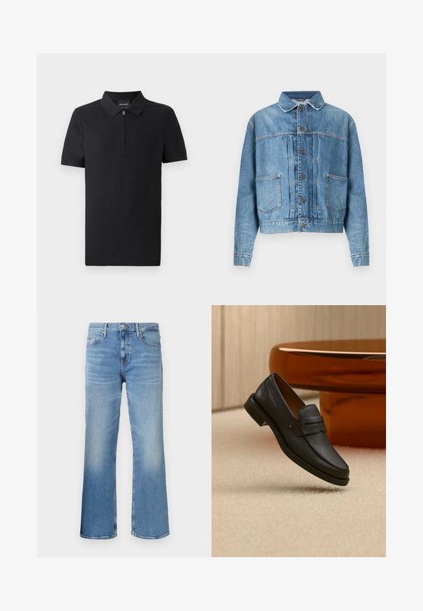 Hellblaue Jeansjacke mit spitzem Kragen, vorderer Knopfleiste, zwei Brusttaschen und gesteppten Details. Lockerer Sitz und lange Ärmel.; Schwarzes Poloshirt mit kurzen Ärmeln und durchgehendem Reißverschlusskragen, aus glattem Stoff gefertigt, mit klassischem Design und taillierter Passform.; Hellblaue Jeans aus Denim mit geradem Bein. Mit verwaschenen Akzenten, fünf Taschen sowie einem Frontknopf und einem Reißverschluss.; Schwarzer Leder-Herrenloafer mit einem Band über dem Spann, auf beigem Teppich neben einem braunen modernen runden Tisch präsentiert.