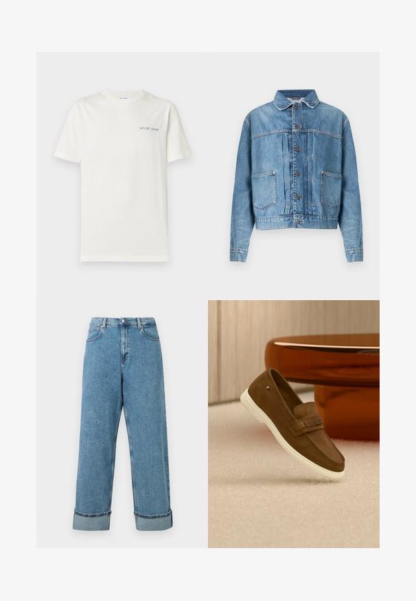 Veste en denim bleu clair avec un col pointu, une fermeture boutonnée sur le devant, deux poches poitrine et des détails cousus. Coupe décontractée et manches longues.; T-shirt blanc uni à manches courtes avec petit logo texte bleu « SAMSØE SAMSØE » sur le côté gauche de la poitrine.; Jeans en denim bleu taille haute avec des jambes larges et des ourlets retroussés, dotés de poches avant et de passants de ceinture.; Mocassin en daim marron avec semelle blanche et détail métallique, flottant au-dessus d'un tapis clair à côté d'un meuble rond marron brillant.