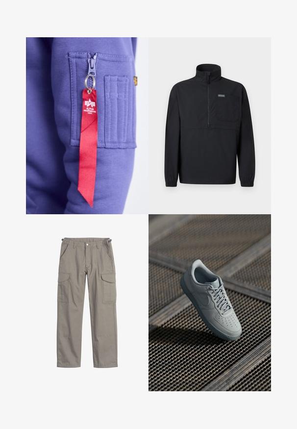 Jersey negro de manga larga con media cremallera, cuello alto, bolsillo en el pecho, puños elásticos y pequeña etiqueta con logo en el bolsillo.; Sudadera morada con cremallera frontal y una etiqueta de cinta roja que muestra "ALPHA INDUSTRIES INC." Parche texturizado en la manga cerca de la cremallera.; Pantalones cargo de tejido gris claro, con dos grandes bolsillos laterales, bolsillos frontales, cierre de botón y un ajuste holgado.; Zapatillas de cuero gris con punta perforada, cordones planos, collar acolchado y suela de goma texturizada. Presenta un sutil detalle de marca.