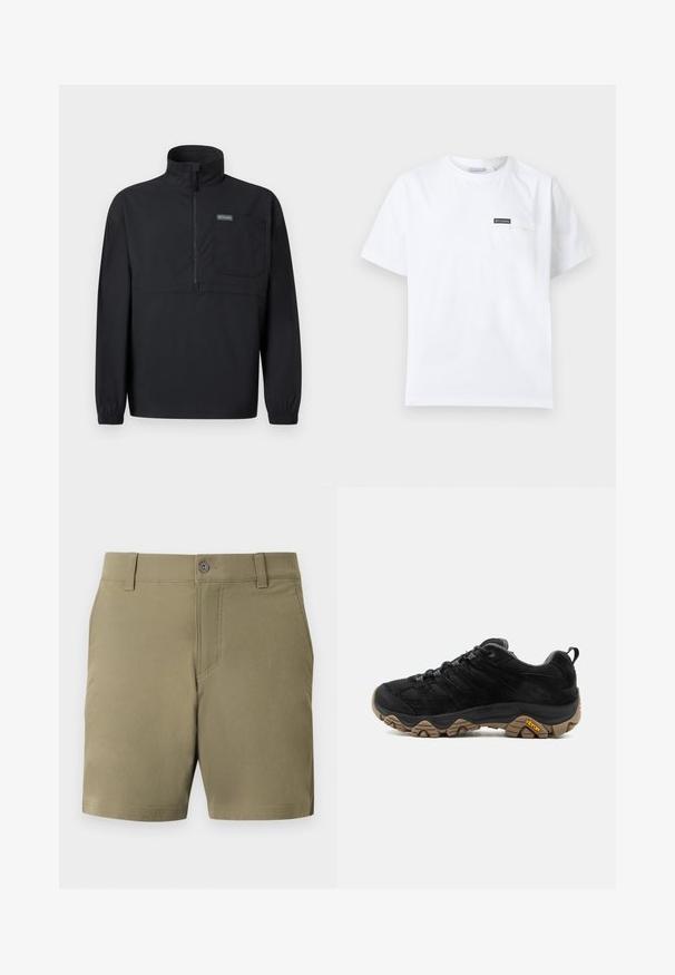 Pull-over noir à manches longues avec demi-fermeture éclair, col montant, poche poitrine, poignets élastiques et petite étiquette logo sur la poche.; T-shirt blanc à manches courtes et col rond avec petite poche poitrine ornée d'un écusson logo Columbia noir.; Shorts chinos couleur kaki avec passants pour ceinture, fermeture à bouton sur le devant et poches latérales sur un fond clair uni.; Chaussure de randonnée noire avec semelle Vibram marron robuste, dessus en mesh et en daim, design à lacets et languette arrière, vue de côté extérieur.