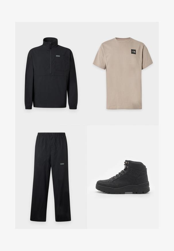 Sort langærmet pullover med halvlukning med lynlås, høj krave, brystlomme, elastiske manchetter og lille logomærke på lommen.; Beige kortærmet t-shirt med rund halsudskæring og lille sort The North Face-logo på øverste venstre bryst.; Sorte letvægts udendørsbukser med elastisk talje, knap foran, to forlommer og lille Columbia-logo på højre lår.; Sorte ankelstøvler i ruskind. Har metaløjer, snørebånd og en struktureret gummisål med forstærket hæl.