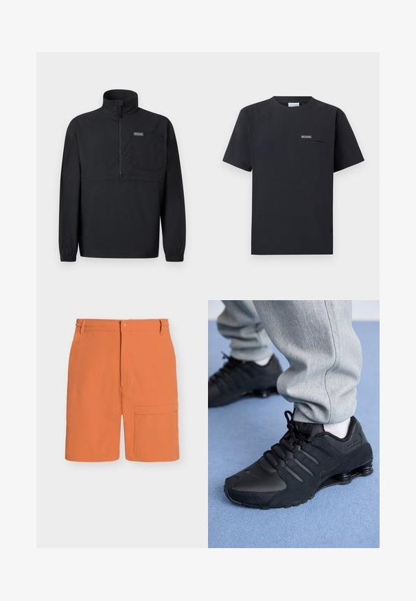 Pull-over noir à manches longues avec demi-fermeture éclair, col montant, poche poitrine, poignets élastiques et petite étiquette logo sur la poche.; T-shirt Columbia noir à manches courtes avec poche zippée sur la poitrine et petit écusson logo, présenté sur un fond blanc.; Short orange longueur genou avec fermeture par bouton et zip, passants de ceinture et grande poche latérale sur la jambe droite.; Personne portant des baskets Nike Shox noires et un pantalon de survêtement gris, debout sur un tapis bleu clair.