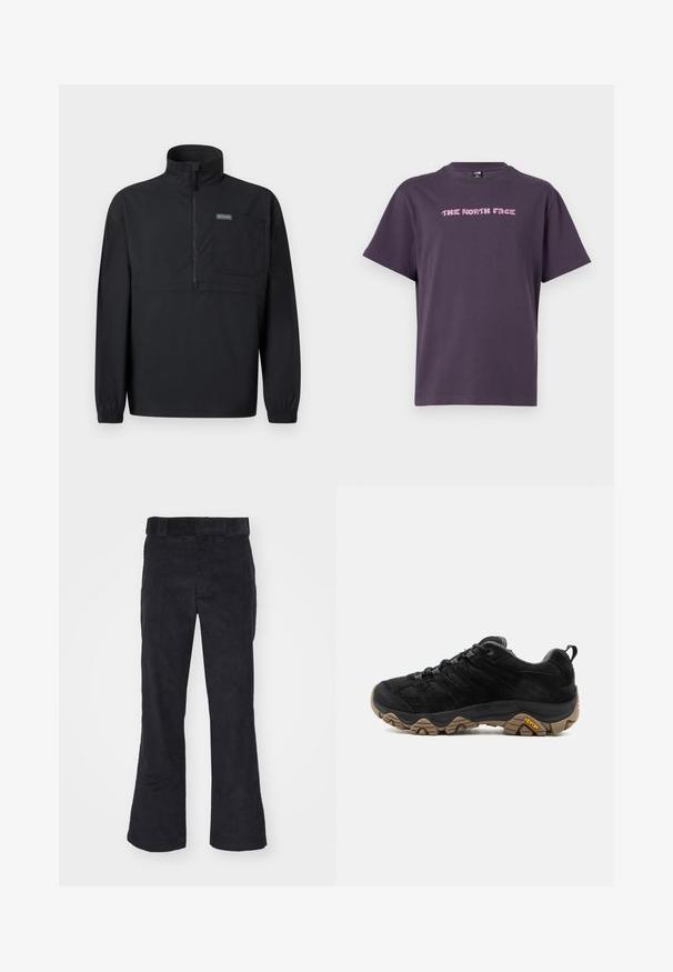Schwarzer langärmliger Pullover mit halbem Reißverschluss, hohem Kragen, Brusttasche, elastischen Bündchen und kleinem Logolabel auf der Tasche.; Dunkellila T-Shirt mit kurzen Ärmeln und Rundhalsausschnitt, mit pinkfarbenem, pixeligem Text "THE NORTH FACE" auf der Brust.; Schwarze Cordhosen mit lockerer Passform, klassischem Bund und weit geschnittenen Beinen, weicher Textur und ohne sichtbare Muster oder Akzente.; Schwarzer Wanderschuh mit robuster brauner Vibram-Sohle, Mesh- und Wildleder-Obermaterial, Schnürdesign und hinterer Zuglasche, von der Außenseite gezeigt.