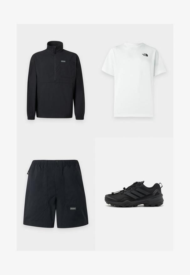 Pull-over noir à manches longues avec demi-fermeture éclair, col montant, poche poitrine, poignets élastiques et petite étiquette logo sur la poche.; T-shirt blanc en coton à manches courtes, col rond, avec un petit logo noir sur le côté gauche de la poitrine. Texture lisse.; Shorts noirs légers avec taille élastique, poches avant, fermeture par bouton et petit logo Columbia sur la jambe inférieure droite.; Chaussure de sport noire avec une tige en maille texturée, des accents synthétiques contrastants et une semelle en caoutchouc robuste. Comprend un système de laçage sécurisé et un onglet à l'arrière.