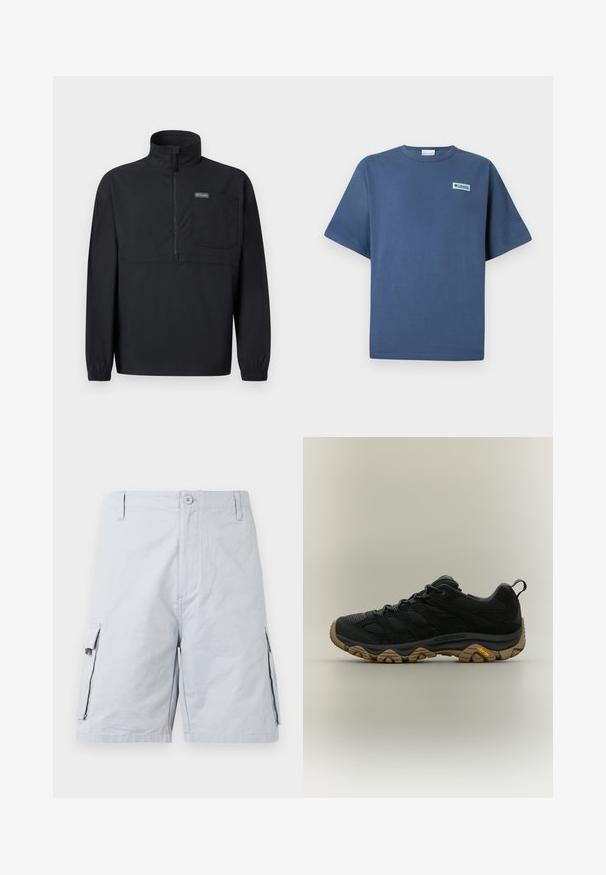 Pull-over noir à manches longues avec demi-fermeture éclair, col montant, poche poitrine, poignets élastiques et petite étiquette logo sur la poche.; T-shirt bleu à manches courtes et col rond avec petit logo rectangulaire Columbia Sportswear sur le côté gauche de la poitrine.; Shorts cargo pour hommes gris clair, avec fermeture à bouton, passants pour ceinture et poches à rabat de chaque côté.; Chaussure de randonnée noire avec semelle Vibram marron texturée et languette au talon, présentée de profil sur fond neutre.