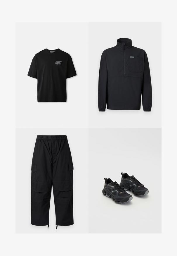 Sort langærmet pullover med halvlukning med lynlås, høj krave, brystlomme, elastiske manchetter og lille logomærke på lommen.; Sort kortærmet bomulds T-shirt med rund hals og en hvid logo "XTC VERTERE" på venstre brystområde. Glat tekstur.; Sorte cargobukser med elastisk talje, flere lommer og lynlåse ved anklerne, med et afslappet, løstsiddende design.; Sorte sportssko med en tekstureret mesh-overdel, der har en kraftig sål, snørebåndslukning og diskrete grå accenter.