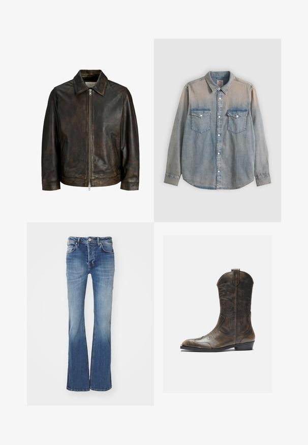Donkerbruine vintage lederen jas met rits aan de voorkant, overhemdkraag en zijzakken, getoond op een witte achtergrond.; Lichtblauw verweerd denim overhemd met lange mouwen, kraag, knoopsluiting aan de voorkant en twee borstzakken met knoopklep.; Verstekte blauwe denim jeans met een gemiddelde wassing, vijf zakken en een knoopsluiting. Bevat een vervaagd textuur en lichte slijtplekken.; Bruine leren cowboylaars met een hoge schacht, spitse neus, ingewikkelde stikpatronen en een kleine hak. Gevarieerde afwerking overal.