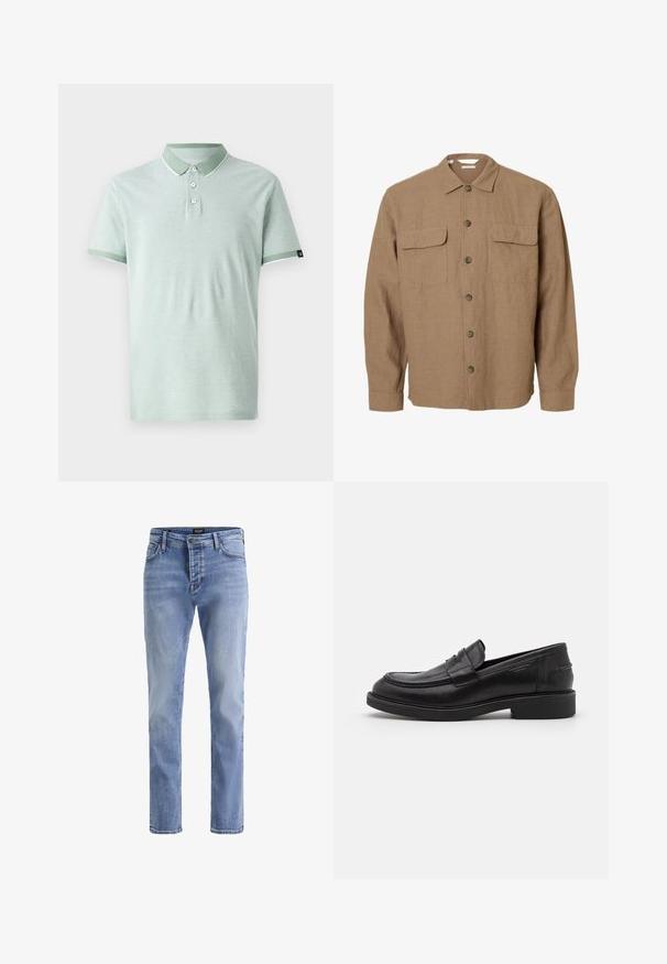 Chemise marron à manches longues avec boutons, deux poches poitrine à rabats, col classique et poignets boutonnés.; Polo shirt vert clair en tissu doux, avec un col classique, trois boutons, des accents blancs sur le col et les manches.; Jean denim bleu clair à jambes droites avec bouton à l'avant, fermeture éclair et design à cinq poches, fabriqué par Jack & Jones.; Mocassins en cuir noir avec un bout arrondi, des coutures ton sur ton et un détail de sangle à l'avant. Semelle en caoutchouc avec un petit talon.