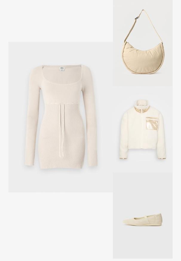 Biela fleece bunda s vysokým golierom, s lesklým zlatým zipsom, zlatými akcentmi na vrecku a manžetách, a skráteným strihom.; Béžový pletený sveter s dlhým rukávom a štvorcovým výstrihom, rebrovanou textúrou, detalmi na stiahnutie v oblasti pásu a priliehavým strihom.; Béžové baletky s hladkým koženým povrchom, mandľovým tvarom špičky a elastickým pásikom cez priehlavok, so subtílnymi švovými detailmi.; Béžová polmesiacová kabelka na rameno s mäkkou, vypchávkovou textúrou. Má nastaviteľný popruh a zipsový uzáver pozdĺž hornej hrany.