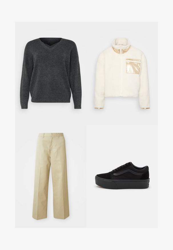 Veste en polaire blanche avec un col haut, dotée d'une fermeture éclair dorée brillante, d'accents dorés sur la poche et les poignets, et d'un design court.; Pull en tricot gris foncé avec un col en V, des manches longues et une coupe décontractée. Texture douce, détails minimes et finition lisse.; Pantalons beige à jambes larges en coton avec une texture lisse. Présentent une coupe droite, des passants de ceinture et des poches avant.; Baskets noires en daim et toile, avec un bout rond, un design à lacets plats et une semelle épaisse en caoutchouc avec une subtile branding.