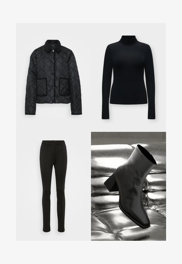 Veste matelassée noire avec un col en velours côtelé, dotée de deux poches avant et d'un système de fermeture à boutons-pression. Le motif texturé ajoute un intérêt visuel.; Pull col roulé noir ajusté à manches longues, à texture lisse et au design épuré, présenté sur un fond gris clair.; Pantalon noir ajusté en tissu lisse. Comprend une fermeture à bouton, des passants pour ceinture et des coutures frontales nettes. Coupe fuselée au niveau des jambes.; Botte noire à la cheville en matériau brillant avec un bout carré et un talon effilé, sur un fond argenté brillant et capitonné.