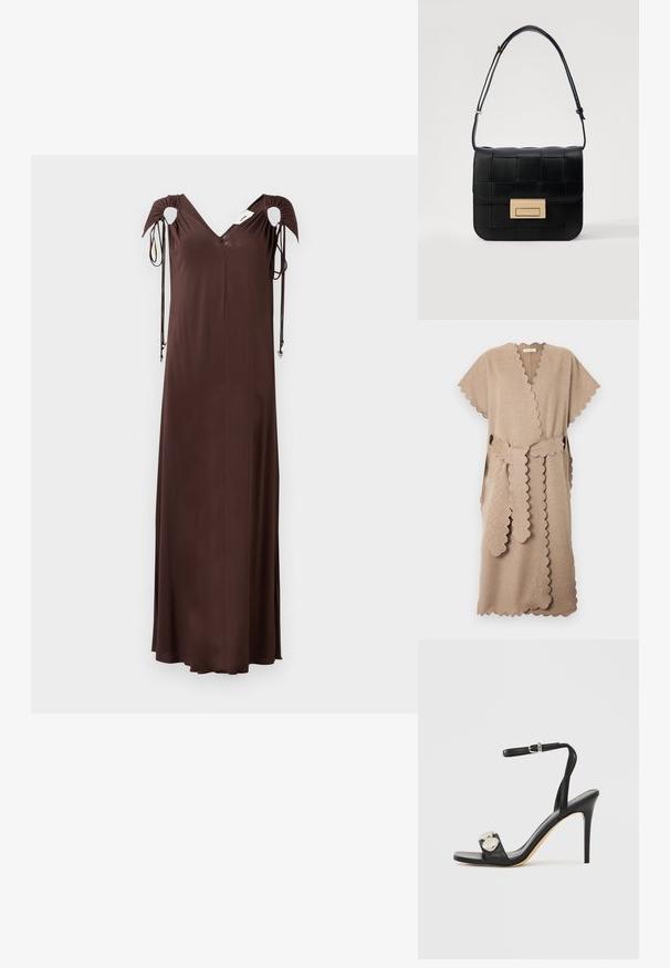 Beige wikkeljurk tot op de knie met geschulpte randen, korte mouwen en een bijpassende gespen ceintuur gestrikt in de taille.; Bruine midi-jurk met een V-hals, geplooide schouderdetails en strikjes aan de mouwen. Glad materiaal met een vloeiende silhoutte. Geen zichtbare patronen.; Zwarte sandaal met hoge hak en enkelbandje, uitgevoerd in glad leer, met een vierkante neus en twee metalen ronde details.; Loeffler Randall DESI CROSSBODY WITH LOCK HARDWARE - Schoudertas - black