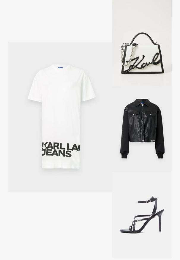 Gekürzte Jacke mit schwarzen Lederfrontpanelen und schwarzen Stoffärmeln. Enthält silberne Knöpfe und Brusttaschen. Logo am Saum.; Weißes Kurzarm-T-Shirt aus Baumwolle mit fettem schwarzen Text "KARL LAGERFELD JEANS" am unteren Rand. Rundhalsausschnitt, lockere Passform.; Schwarze Sandalette mit hohem Absatz, dünnen Riemen, einem Schnallenverschluss am Knöchel und einem Metall-Logodetail am seitlichen Riemen, vor weißem Hintergrund.; Weißes Lederhandtasche mit schwarzen Akzenten, die ein charakteristisches schwarzes Logo zeigt. Sie hat eine strukturierte Form und einen silbernen Kettenriemen.
