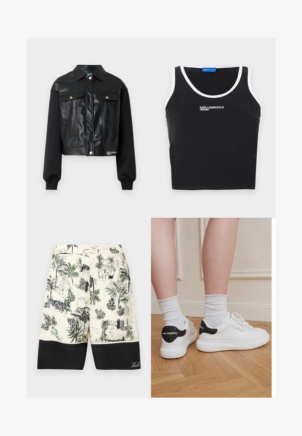 Veste cintrée avec panneaux avant en cuir noir et manches en tissu noir. Comprend des boutons en argent et des poches poitrine. Logo sur l'ourlet.; Haut court noir sans manches avec bordure blanche autour du col et des bras, affichant le texte "KARL LAGERFELD JEANS" brodé en blanc sur le devant.; Shorts de bain courts en tissu avec un fond crème, présentant une bordure inférieure noire et un imprimé tropical détaillé en vert et noir.; Jambes portant des chaussettes blanches et des baskets blanches Karl Lagerfeld avec des accents pailletés noirs au talon, debout sur un parquet en bois.