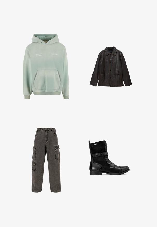 Veste en cuir marron foncé avec large col, trois boutons à l'avant, deux grandes poches plaquées et manches longues.; Sweat à capuche vert clair avec une poche kangourou, des poignets et un ourlet côtelés. Avec du texte imprimé en blanc à l'avant et une finition douce et texturée.; Karl Kani OG BAGGY - Jean boyfriend - grey; Bottines noires avec un mélange de cuir et de daim, à lacets à l'avant, sangles latérales avec accents en métal, et semelle en caoutchouc plate.