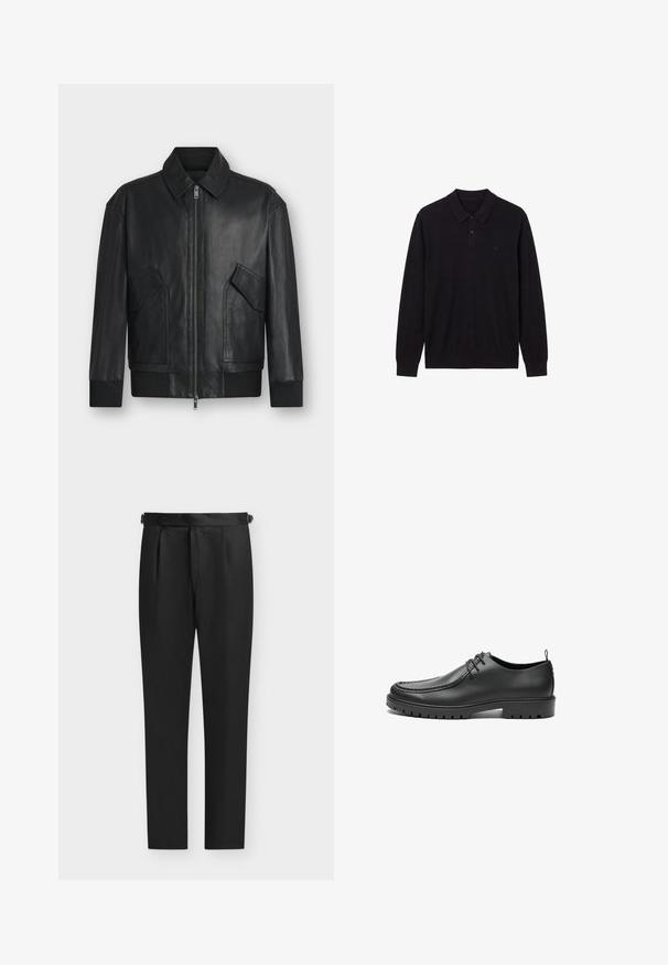 Sort læderjakke med frontlynlås, to skrå klaplommer, ribbet manchetter og kant, vist på hvid baggrund.; Sort polo-shirt med lange ærmer, to knapper og ribstrikkede manchetter, med en lille diskret logo på venstre bryst.; Sorte formelle taperede bukser med plisser nær taljen og justerbare sidestropper, vist på en lys baggrund.; Sorte lædersko med en glat overflade, rund tå og dekorativ stikning. Har en gummisål med skridsikre spor og snørebåndsdesign.