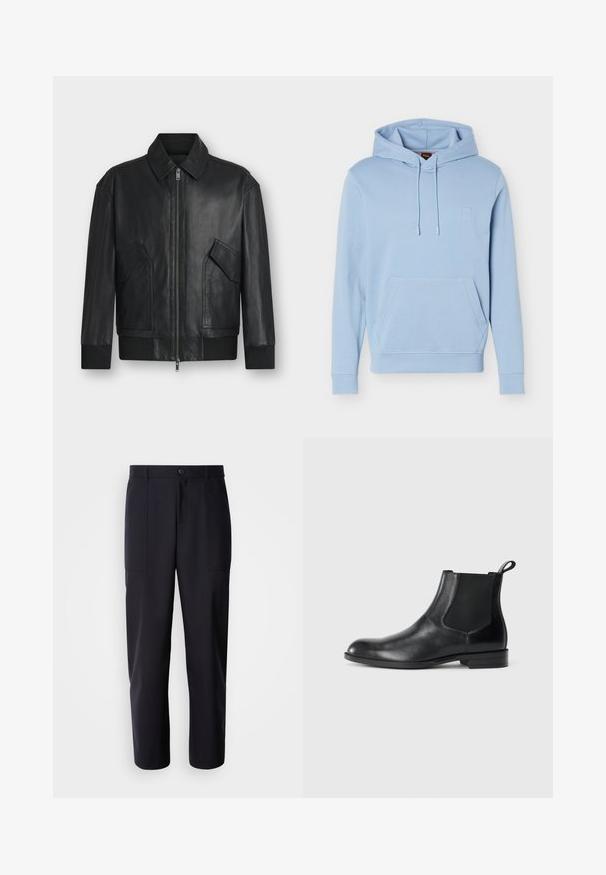 Chaqueta de cuero negra con cremallera frontal, dos bolsillos con solapa inclinados, puños y dobladillo acanalados, mostrada sobre un fondo blanco.; Sudadera con capucha azul claro, bolsillo canguro frontal y capucha con cordón, con un sutil logo en relieve en el pecho.; Pantalones oscuros de navy, confeccionados en un tejido suave, con un diseño de pierna recta, dos bolsillos laterales y un cierre de botón en la cintura.; Botín negro de cuero hasta el tobillo con paneles elásticos a los lados, punta redondeada y lengüeta. Textura suave, suela plana, diseño minimalista.