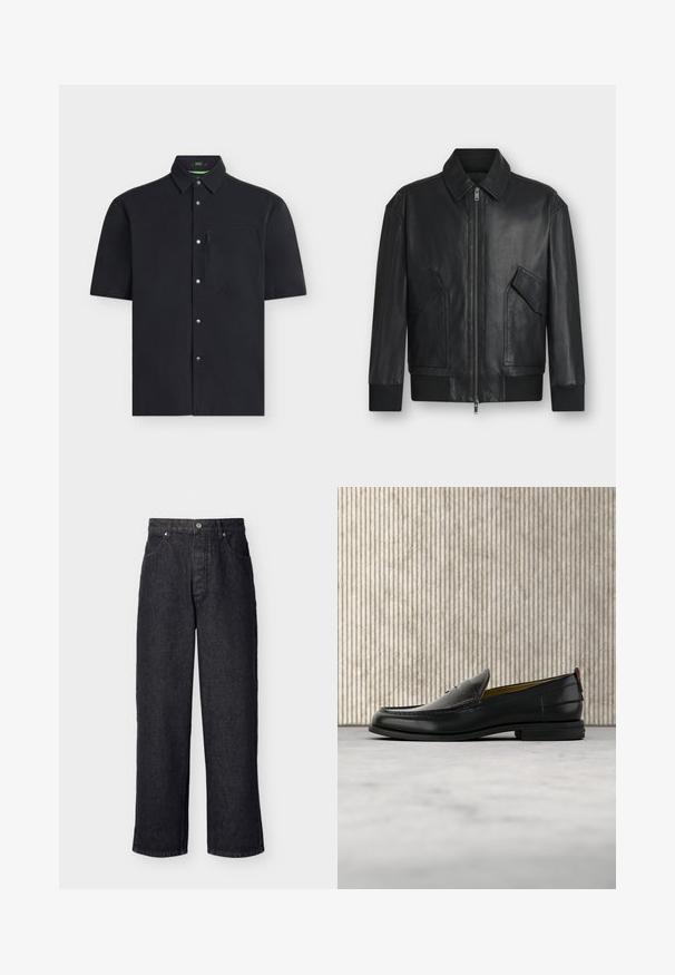 Veste en cuir noire avec fermeture éclair à l'avant, deux poches à rabat inclinées, poignets et ourlet côtelés, présentée sur fond blanc.; Chemise noire à manches courtes boutonnée avec col pointu et poche poitrine zippée sur le côté gauche.; Jean en denim noir, taille haute et jambes droites, avec fermeture à boutons et poches avant, présenté sur un fond clair uni.; Mocassin pour homme en cuir noir avec un dessus embossé effet croco et un petit talon, présenté de profil sur un fond neutre.