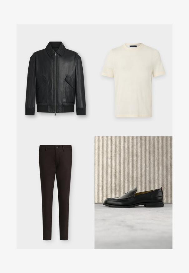 Veste en cuir noire avec fermeture éclair à l'avant, deux poches à rabat inclinées, poignets et ourlet côtelés, présentée sur fond blanc.; T-shirt à manches courtes couleur crème, col rond, design uni, présenté sur un fond gris clair plat.; Pantalon habillé marron foncé à jambe droite, avec passants de ceinture et fermeture à bouton devant, présenté à plat sur fond blanc.; Mocassin pour homme en cuir noir avec un dessus embossé effet croco et un petit talon, présenté de profil sur un fond neutre.