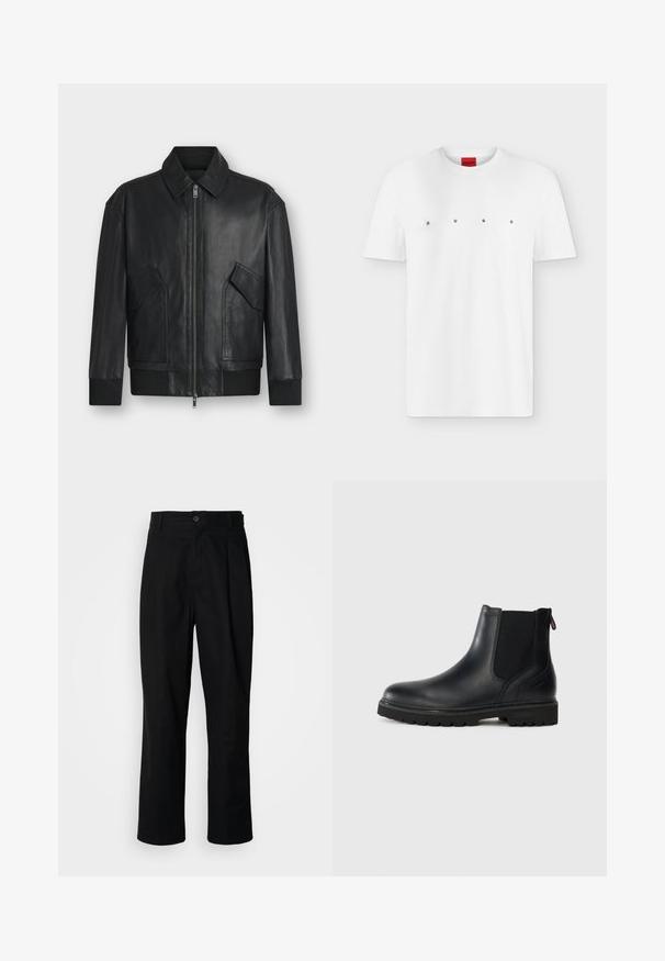 Schwarze Lederjacke mit Frontreißverschluss, zwei schrägen Klappentaschen, gerippten Bündchen und Saum, dargestellt auf weißem Hintergrund.; Weißes T-Shirt mit kurzen Ärmeln und Rundhalsausschnitt mit auseinanderstehenden schwarzen Buchstaben, die HUGO über die Brust buchstabieren, und einem roten Etikett innen am Kragen.; Schwarze gerade geschnittene Hosen mit einem Knopfverschluss, Gürtelschlaufen und Vorderfalten, vor einem schlichten weißen Hintergrund präsentiert.; Schwarze Leder-Stiefelette mit elastischen Seiteneinsätzen, runder Spitze und einer robusten Gummisohle mit tiefem Profil für optimalen Halt.